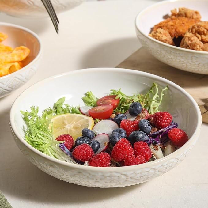 8 inch Pasta Bowls, 22 Oz Ceramic Serving Bowls Set of 4, Embossed Porcelain Salad Bowl, Serving Dishes for Pasta, Salad, Soup, Fruit, Housewarming Gift, Wedding Decor, Oven & Dishwasher Safe