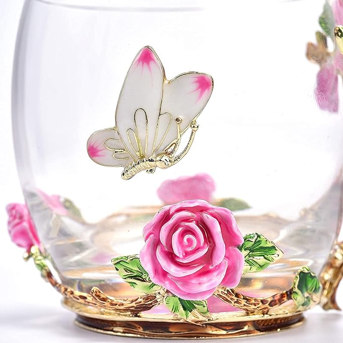 SUQ I OME Enamel Rose and Butterfly Flower Glass Tea Cup, Birthday Gifts For Women,Wife, Friend for Valentines Wedding, Pink Rose,11oz