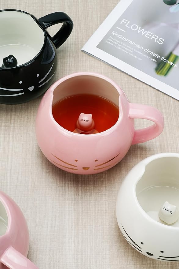 Koolkatkoo Cat Mug Cute Ceramic Coffee Mugs Hidden 3D Animal Inside Cup Novelty Tea Cup for Women Girl Gifts for Cat Lovers Holiday Mothers Day Christmas Birthday Gifts 12 oz Pink