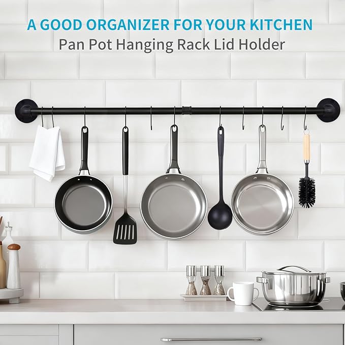 38 inch Pot Pan Rack Wall Mounted Industrial Pipe Hanging Rail Kitchen Lids Bar Utensils Hanger with 10 S Hooks Black
