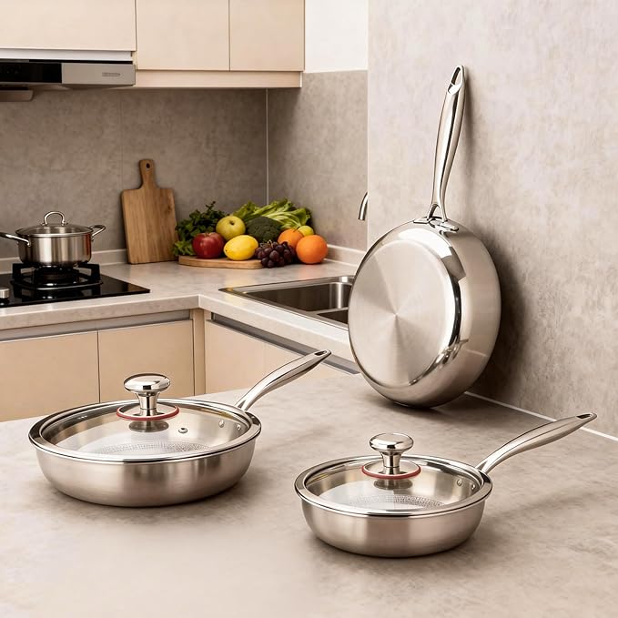 9.45 Inch Titanium Pan,99.6% Titanium Frying Pan for Cooking Healthy Non-Toxic Cookware with Lid Plateful Pan for Even Heating, Induction Compatible, Oven & Broiler Safe