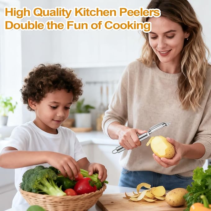 Stainless Steel Peeler with Swiveling Double Blade, Upgrade Fruit Vegetable Peeler with Ergonomic Handle, Lengthened Potato Peeler Tool for Kitchen, 8.3 Inchs 2PCS