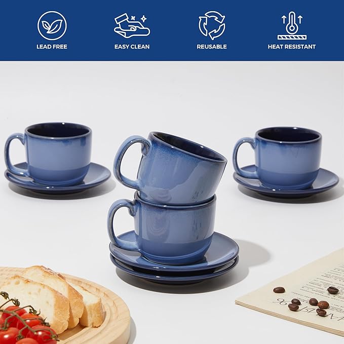 Stoneware Coffee Cups with Saucers, 6 Oz Cappuccino Cups Set of 4, Microwave & Dishwasher Safe, Perfect For Tea, Espresso, Latte, Ceramic Mugs for Kitchen or Cafe, Light Blue