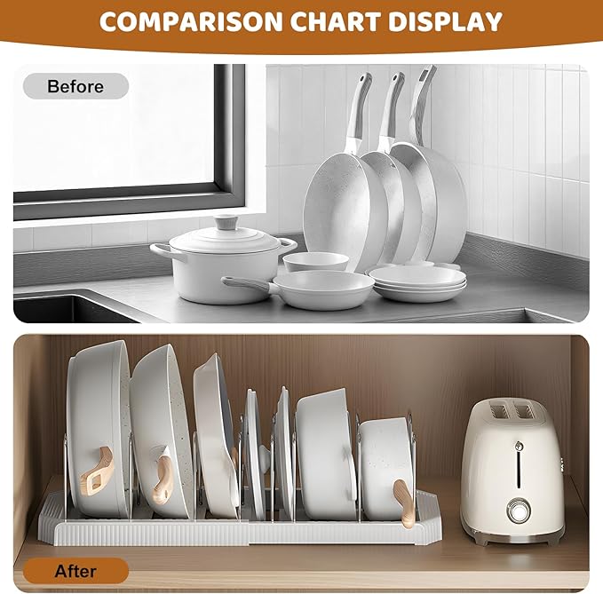 Pots and Pans Organizer Under Cabinet, 14-Slot Expandable Pot Rack Organizer with Cup Brush, Kitchen Pots and Pans Organizer for Cookware, Lids, Bakeware, Cutting Boards Tool-Free Installation (White)