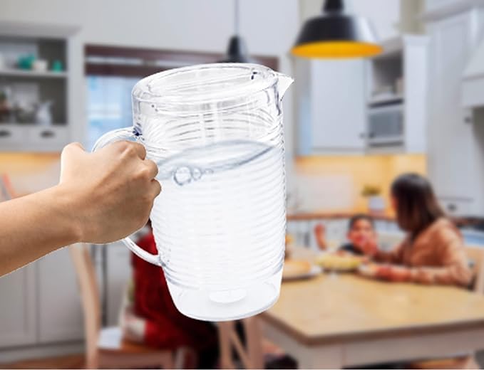Arrow Home Products Clear Plastic Beverage Pitcher with Lid, 76 Ounce - Thick-Walled Modern Coil Design, Made in the USA - Fill with Ice Water, Iced Tea or Juice - BPA Free, Dishwasher Safe