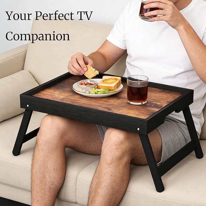 2 Pack Wooden Bed Tray Table with Folding Legs,Breakfast Trays,Serving Tray for Food and Snack,Laptop Trays for Working