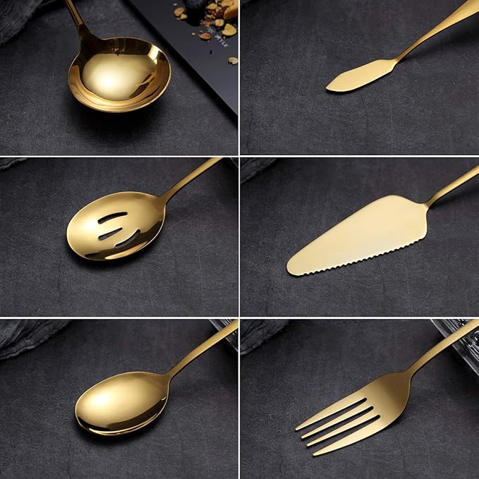 6-Piece Gold Serving Flatware Set - Stainless Steel Utensil Set, Includes Cake Server, Slotted Spoon, Serving Spoon, Meat Fork, Butter Knife, Soup Ladle