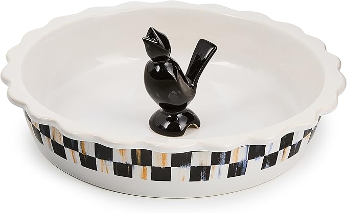 MACKENZIE-CHILDS Everyday Pie Plate with Pie Bird, Stoneware Pie Pan for Baking and Serving, Black-and-White Courtly Check