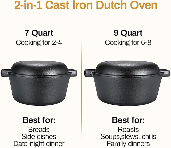 TLGREEN Cast Iron Dutch Oven Pot with Lid, Pot (6.7QT) and Lid as a Skillet(2.5QT) - Dutch Oven Cast Iron with Silicone Holders, Iron Stand, for Oven, Stove, Grill,Campfire