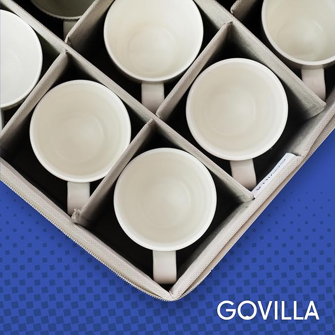Coffee Mug Storage Bin - Mug Storage Box for Coffee Cups & Mugs (Holds 12 Cups) - Stackable Mug Storage Organizer with Dividers for Kitchen Cabinets & Countertops (Grey & Beige) by Govilla