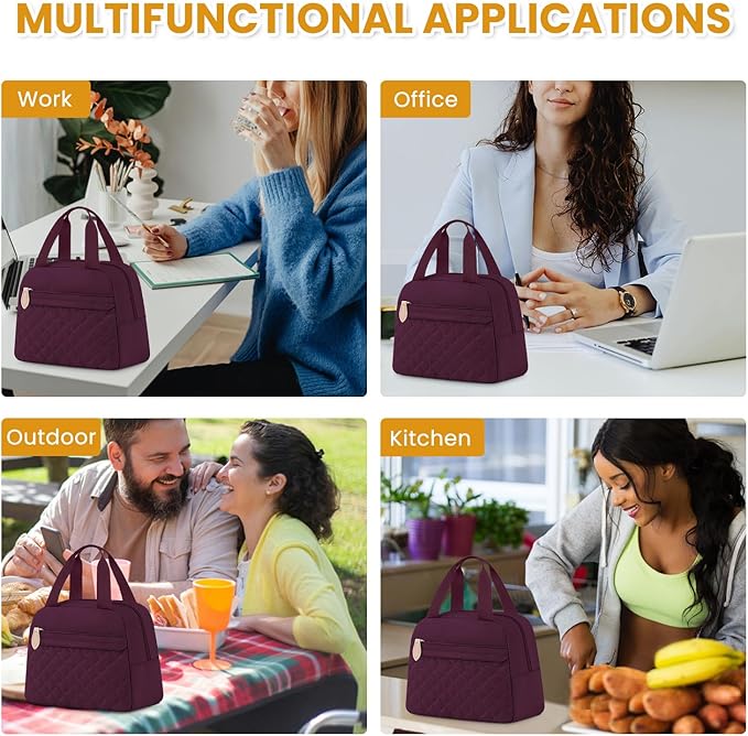 Insulated Lunch Bag for Women, Portable Lightweight Lunch Box for Adults, Reusable Small Lunch Tote Cooler Bags with Front Zipper Pocket for Work School Picnic(Wine Red)