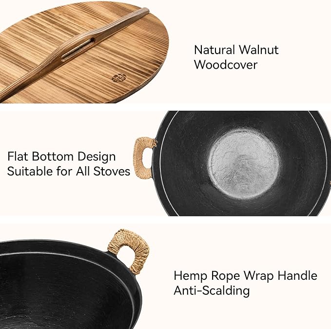 WANGYUANJI 13.4" Cast Iron Wok with Lid, Traditional Handcrafted Chinese Wok Pan, Flat Bottom Stir Fry Pan for Induction & Gas Stoves, Turtle Shell Texture, Uncoated Non-Toxic