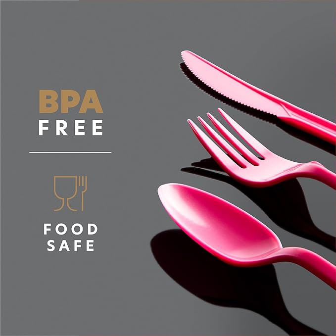 PLASTICPRO 400 Pack Disposable Plastic Utensils Assorted Colored Cutlery Combo Set Forks Spoons Knives Silverware, Pink Plastic Cutlery for Parties