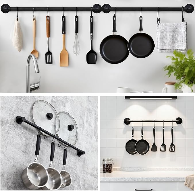Wall Mounted Pan Pot Rack 21'' Set of 2, Industrial Iron Pipe Utensils Lid Organizer Wall Hanger Bar Kitchen Hanging Rail with 10 S Hooks