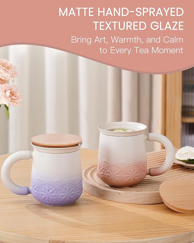 ZENS Tea Cup with Infuser and Lid for Loose Leaf Steeping, 11oz Embossed Ceramic Tea Infuser Mug, Wood Lid Tea Diffuser for Black Tea Lovers Gifts, Pale Pink
