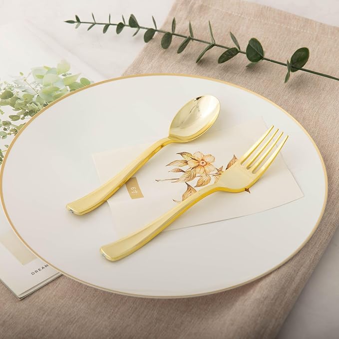 N9R 100PCS Gold Plastic Silverware, Heavy Duty Disposable Cutlery Set for Parties, Disposable Plastic Spoons and Forks Includes 50 Gold Spoons and 50 Forks for Wedding, Birthday, Dinner