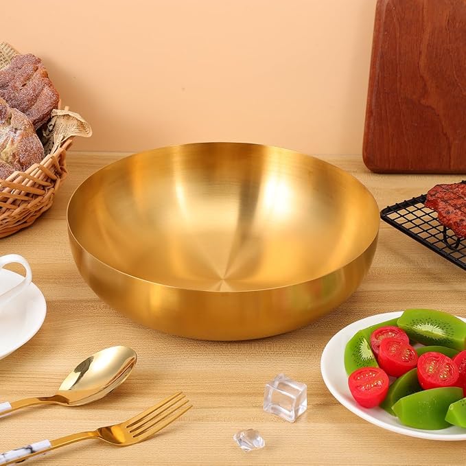 9.4" Stainless Steel Mixing Bowls - 75oz Gold Serving Bowl, Large Metal Decorative Bowl for Salad, Soup, Pasta, Snack, Cooking, Baking, Dishwasher Safe