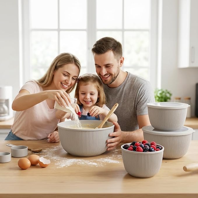 BoxedHome Nesting Plastic Mixing Bowls, BPA-Free Plastic, Microwave and Dishwasher Safe, Set of 4, 1.27/2.22/3.38/4.76quart, Grey