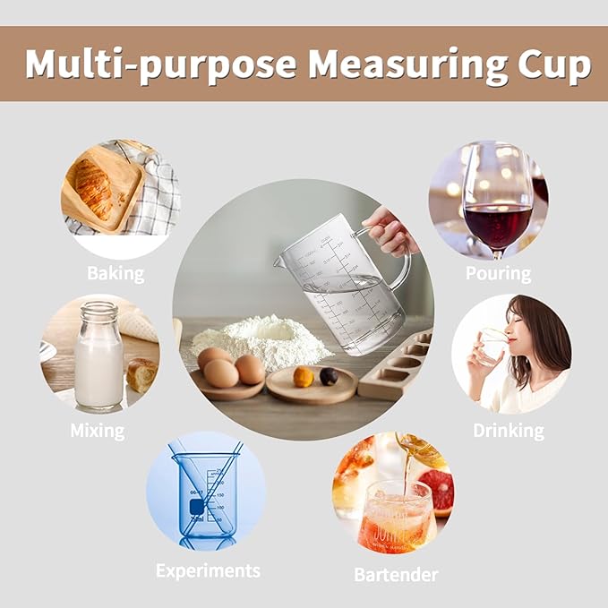 Newness Glass Measuring Cup with Handle, 1000 ML (1 Liter, 4 Cup) Measuring Cup with Three Scales (OZ, Cup, ML/CC) and V-Shaped Spout, Measuring Beaker for Kitchen or Restaurant, Easy to Read