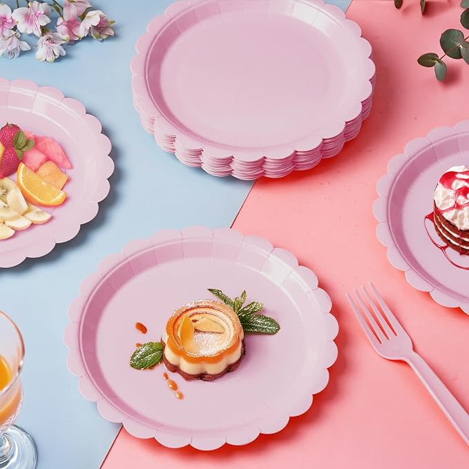 105PCS Paper Plates and Napkins Set,7 Inch Scalloped Disposable Tableware with Forks for Birthdays, Garden Parties & Outdoor Events,Serves 35 (Light Pink)