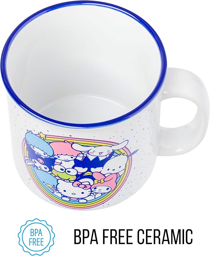Silver Buffalo Sanrio Hello Kitty Friends Featuring Little Twin Stars, Cinnamoroll, Kuromi, Keroppi, Badtz-Maru, Pochacco, Tuxedo Sam, My Melody, Pompompurin, Chococat Ceramic Camper Mug, 20 Ounces