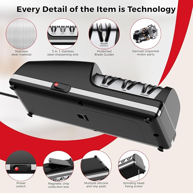 Professional Electric Knife Sharpener, 3-Stage Diamond Abrasive Sharpening System, Replaceable Sharpening Heads, 15° Precision Angle Guide for Kitchen Knives, Quick Blade Repair and Restoration
