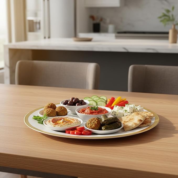Blue Sky Organic Tray Gold Rim (2 ct) - 14" Round White Plastic Disposable Serveware with Elegant Gold Trim - Perfect for Parties and Events
