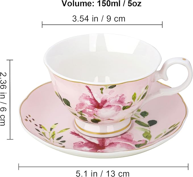 fanquare 5-Ounce Floral Tea Cups and Saucers Set of 6, Assorted Pastel Flowers Porcelain Coffee Cup with Gold Trim, Dishwasher & Freezer Safe