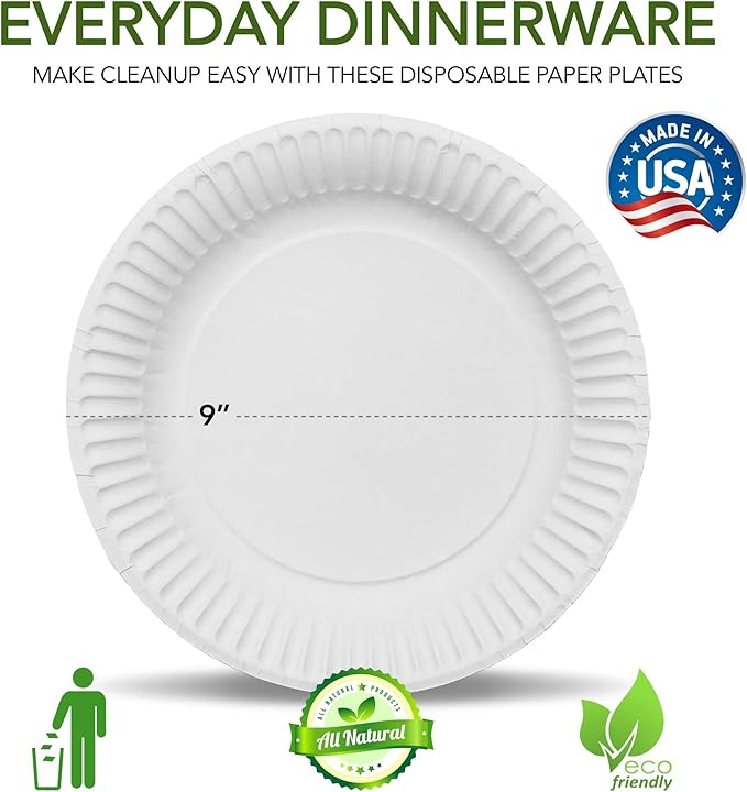 Stock Your Home 9-Inch Paper Plates Uncoated, Everyday Disposable Plates 9" Paper Plate Bulk, White, 1000 Count