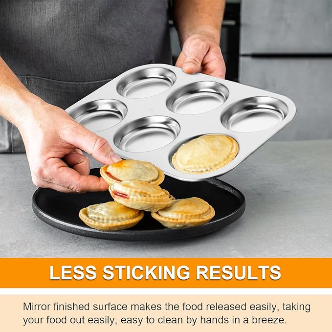 P&P CHEF Muffin Top Pan Set of 1, Stainless Steel 6-Cavity Shallow Cupcake Pans, Standard Bakeware for Eggs, Whoopie Pies, Cornbread, Cookies, Yorkshire Pudding, Easy Clean & Oven Safe, Silver