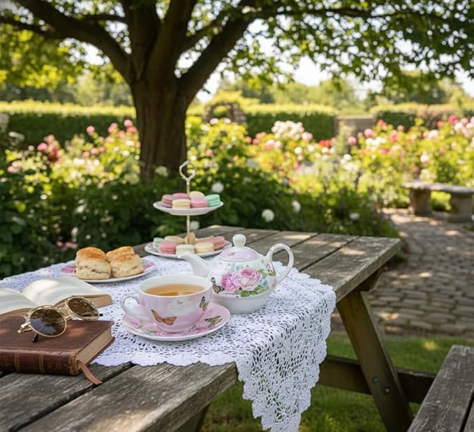 ONEUSTAR Tea for One Set Ceramic Floral Teapot and Cup Saucer Set for Women Afternoon Tea Mother's Day Gift in Reusable Gift Box, Pink Rose Flower