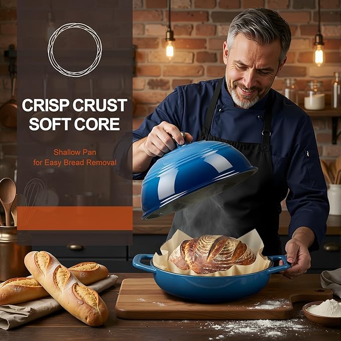 Overmont Enameled Cast Iron Bread Oven - 6QT Bread Dutch Oven for Sourdough Bread Baking - Bread Pot with Dome Lid Cotton Potholders & Cookbook - Multi-Functional Bread Pan For Baking Frying Roasting