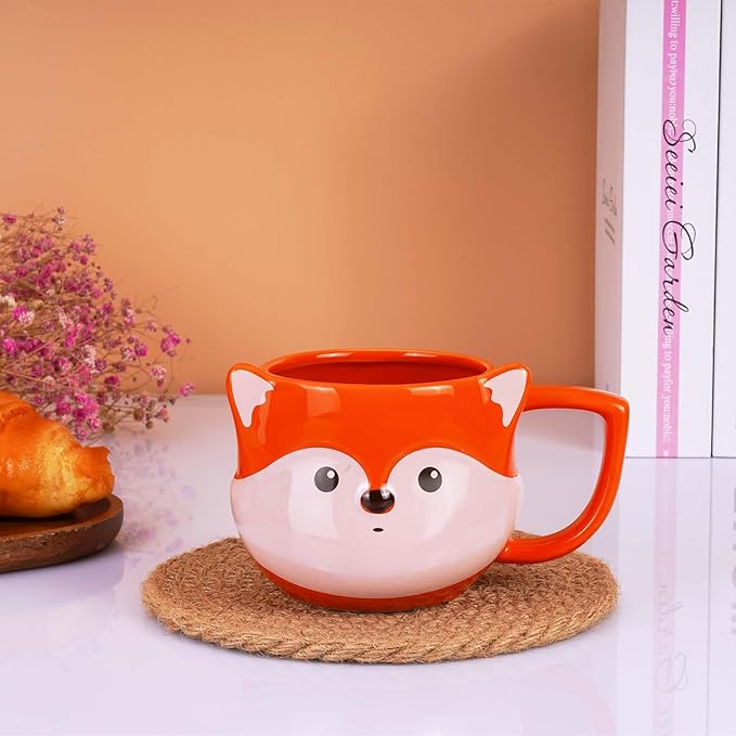 Fox Mug 14 oz Cute Ceramic Coffee Mug 3D Porcelain Tea Mug for Women Kawaii Cup Fox Gifts for Women Christmas Gifts Housewarming Holiday Birthday Gifts for Mom Kids Men Friend Orange