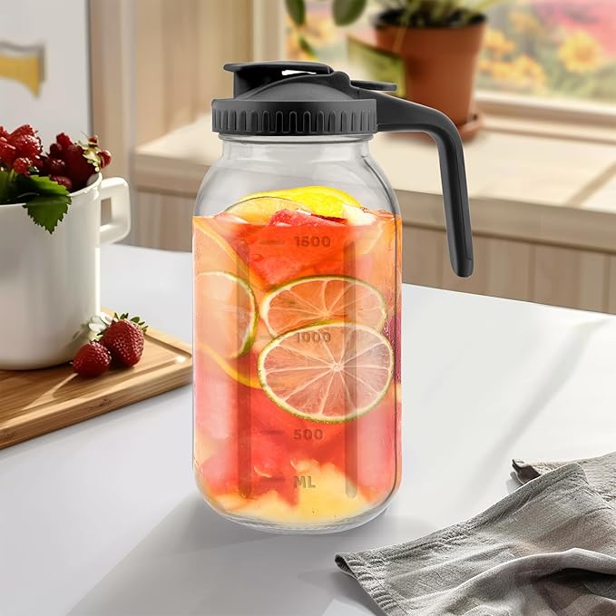 64 Oz Glass Pitcher with Lid 2 Pack, 2 Quart Heavy Duty Breast Milk Pitcher, Thickened Glass, Leak-Proof, Wide Mouth Mason Jar with Pouring Airtight Lid,Ideal for Fridge Storage(pack of 2)