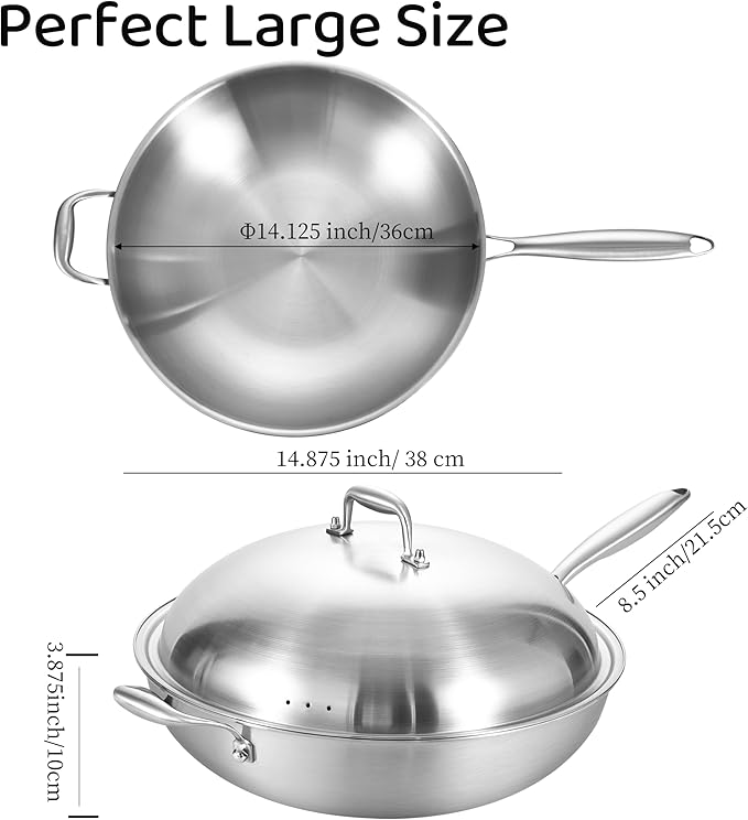 LOLYKITCH 14.5 Inch Stir-Frying Wok Pan with Steel Lid, Tri-Ply Stainless Steel Induction Cooking Wok Pan,Dishwasher and Oven Safe,Heavy Duty and Detachable Handle.