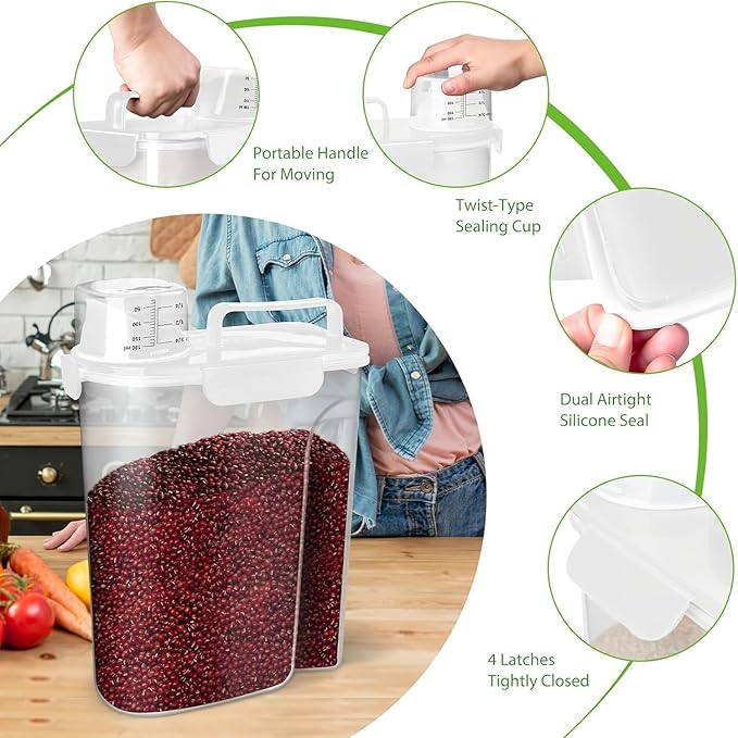 Rice Storage Container, 10 to 20lb Dry Food Airtight Dispenser, Pet Dog Cat Food Canister, BPA Free Clear Plastic Kitchen and Pantry Organization Bin for Oatmeal, Cereal, Pasta, Flour White