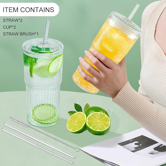 Glass Cups with Lids and Glass Straws, High Borosilicate 20OZ Tumblers (2Pcs) for Coffee, Tea, Juice, Smoothies, Hot/Cold Drinks at Home, Office(Christmas Creative Drink Label Design)