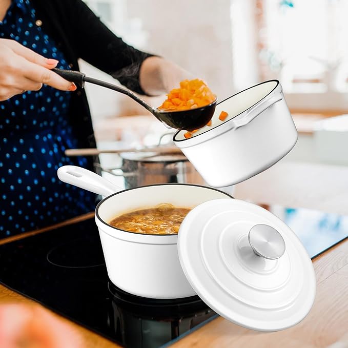 1 Qt & 2 Qt Pots and Pans Set, Leonyo Enameled Cast Iron Saucepan with Lid, Small Cast Iron Dutch Oven Kitchen Cookware Appliances for All Cooktops Cooking Pasta, Milk, Egg - Up to 500°F, White