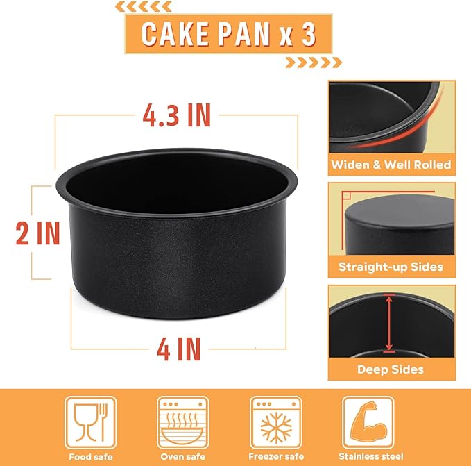 E-far 4 Inch Cake Pan Set of 3, Nonstick Stainless Steel Mini Round Cake Pans Tin, Small Size for Baking Smash Cakes/Cheesecake, Stainless Steel Core & Non-toxic Coating, Straight Side & 2 Inch Deep