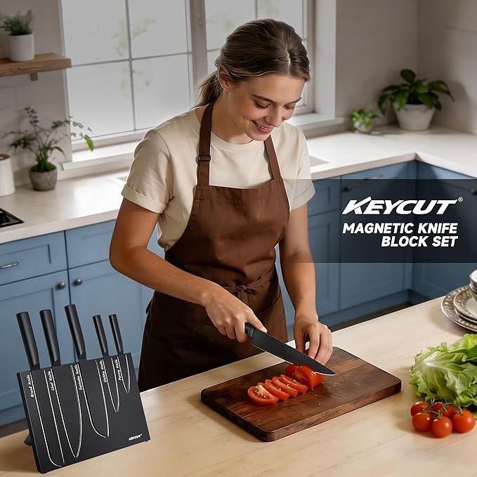 Kitchen Knife Set, 6 Pieces Knife Set with Foldable Magnetic Knife Block, Japanese Knife Sets, High-Grade 5CR Stainless Steel Chef Knives Sets with Wood Block, Professional Chef's Knife Set