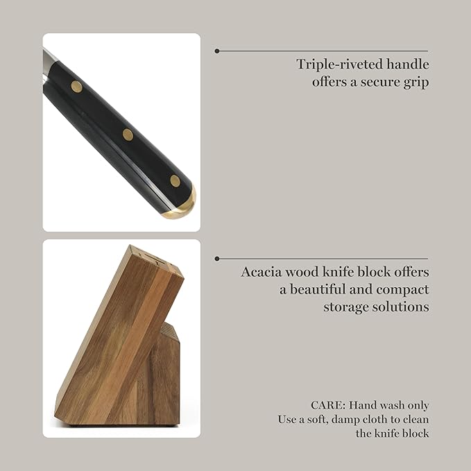 Martha Stewart 16 Piece Lockton High Carbon Stainless Steel Cutlery Kitchen Knife Block Set W/ABS Triple Riveted Forged Handle Acacia Wood Block - Black W/Gold