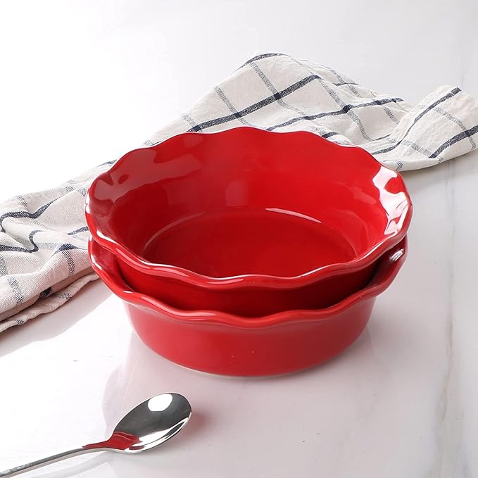 ONEMORE Pie Pans, 6.8 inch Small Chicken Pot Pie Plates 16 oz Deep Dish Pie Pan Ceramic Baking Plates for Dessert Oven Safe Round Baking Dish Pans Set of 4 - Red