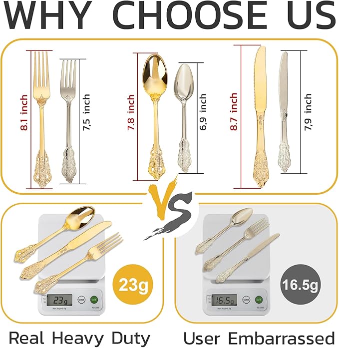 WDF 120PCS Gold Plastic Silverware - Heavy Duty Gold Plastic Cutlery Set Disposable Utensils - 40 Forks, 40 Spoons, 40 Knives, Perfect for Party Weeding Daily Use Baby Showe Spring