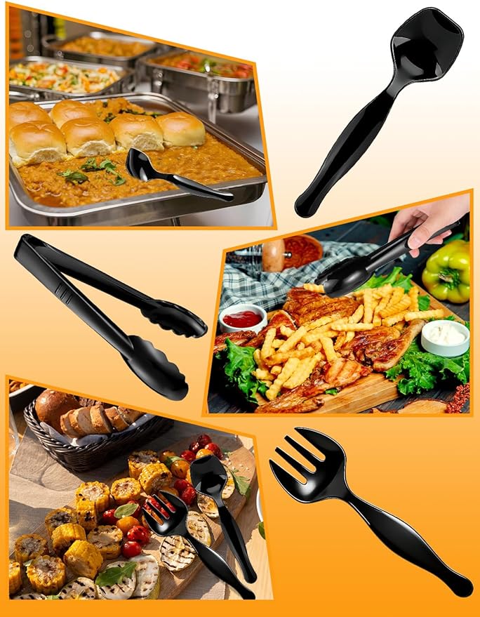 30PCS Disposable Plastic Serving Utensils for Parties, Buffet Serving Utensils Set-10 Black Plastic Serving Spoons, 10 Tongs and 10 Forks for Catering, Entertaining and Parties