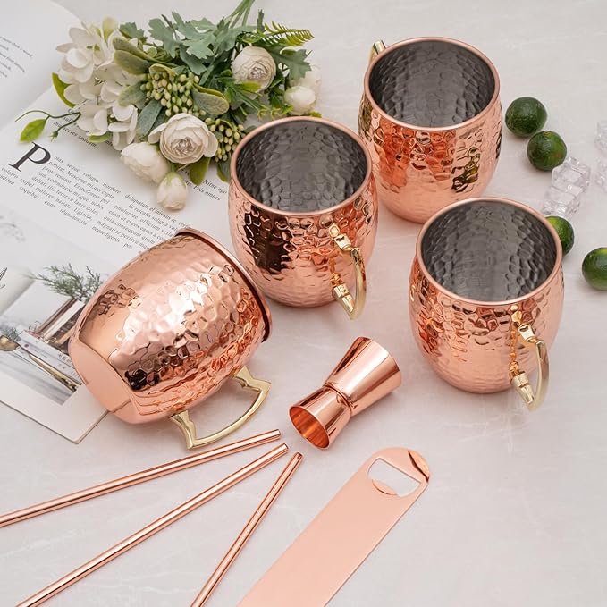 Moscow Mule Mugs Set of 4, 16 OZ Hammered Copper Cups with 304 Stainless Steel Lining and Gold Brass Handles, Includes Straws, Opener, Jigger, Brush, Fit for Cold Drinks, Bars, Parties