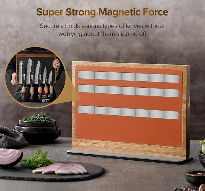 XINZUO Double Sided Magnetic Knife Rack (12.6 X 4 X 9.3inches)-Natural Acacia Wood Stand With Dual-Tone Leather Upholstery,Raw And Cooked Knife Storage Zones,430 Stainless Steel Base