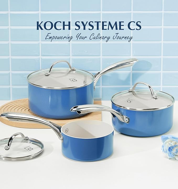 KOCH SYSTEME CS Small Saucepan with Lid, 1 Quart Nonstick Sauce Pan with PFAS-FREE Ceramic Coatings, Non-Toxic, Scratch-Resistant Small Cooking Pot with Lid, Blue