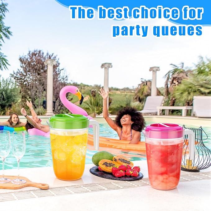 LemonRoad 6 Pcs 2 L Plastic Pitcher with Lid Water Iced Tea Pitchers Drink Container with Twist Cover Tea Jug for Fridge for Water Juice and Fridge Storage, Dishwasher and Freezer Safe(Mixed Color)