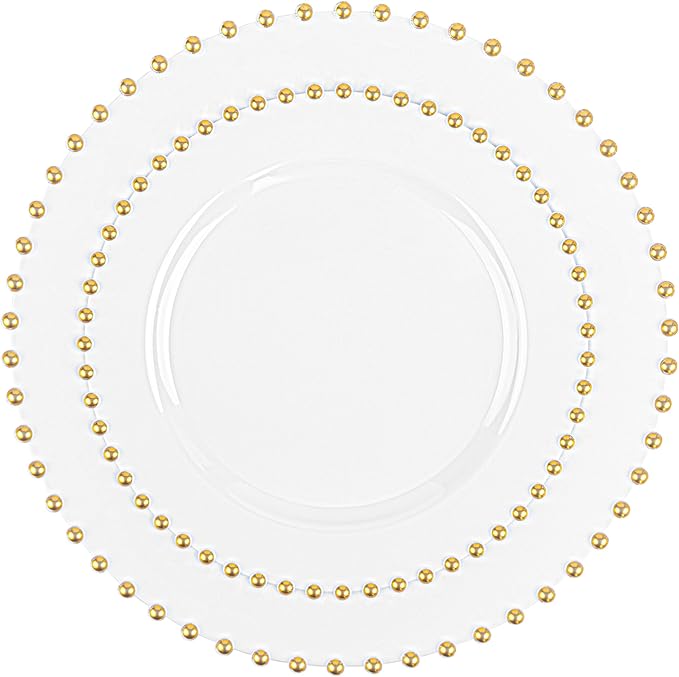 PLASTICPRO 64 Piece Combo Plastic Dinner Plates Disposable Plastic Fancy Heavy Duty Party Dishes 7 inch and 10 inch, White and Gold Beaded