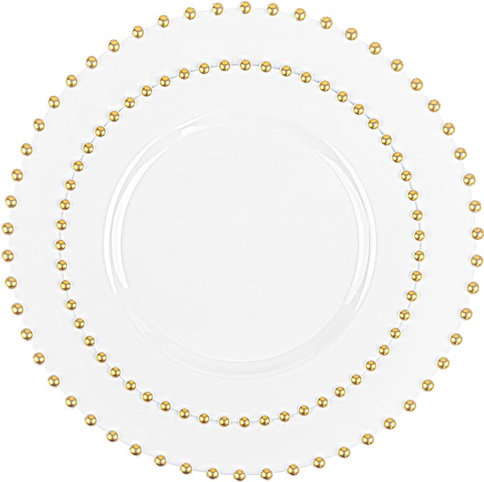 PLASTICPRO 32 Piece Combo Plastic Dinner Plates Disposable Plastic Fancy Heavy Duty Party Dishes 7 inch and 10 inch, White and Gold Beaded